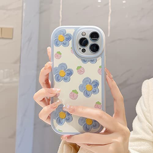 LIUJINCAN Compatible with iPhone 11 Pro Max Case - Lovely Pink Berry and Blue Painting Floral - Full Camera Lens Protection - Kawaii Slim Soft TPU Silicone Bumper Case for Women and Girls