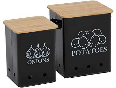 Xbopetda 2 Pack Kitchen Storage Canister, Potato Onion Storage Bin with Wooden Lid and Aerating Holes - Kitchen Pantry Organizer Tin Vegetable Fresh Keeper (Black)