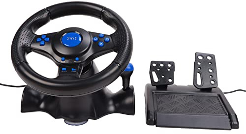 Lazmin112 Multifunktionales Gaming-Lenkrad mit Pedalen für PC, 180-Grad-Drehung, Dual-Vibration,GT Racing Wheels, USB-Stromversorgung, Kompatibel mit PS3, PC
