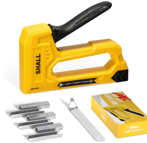 SHALL Grapadora ligera para madera – Grapadora de tapicería amarilla con 1600 grapas JT21 de 1/4, 5/16, 3/8 pulgadas y quitagrapas