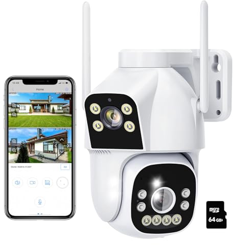 CAYVIS 2MP+2MP Telecamera Wi-Fi Esterno, 2.4GHZ/5GHZ PTZ Videocamera Sorveglianza Esterno con Doppia Lente,FHD Tracciamento Automatico, Visione Notturna a Colori, Audio Bidirezionale, IP66 (HD+64G)