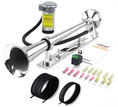GAMPRO 12 V 150 dB Lufthupe, 45,7 cm, Chrom, Zink, Einzeltrompete, LKW, Lufthupe, mit Halterung, für alle 12-V-Fahrzeuge, LKWs, Züge, Boote, Autos