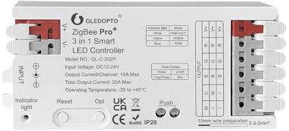 GLEDOPTO ZigBee3.0 Pro+ LED Controller 3 in 1 LED Controller 20A Max Require ZigBee Hub Bridge for RGBCCT/RGBW/RGB/CCT/Dimmer Alexa Homey Tuya Smart Life APP Control (3 in 1 LED Controller)