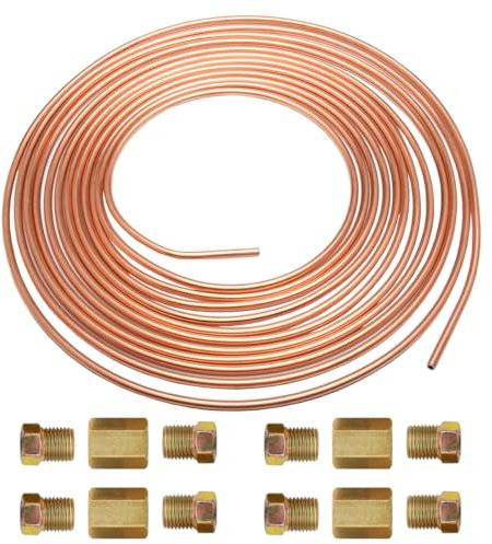 MOCNT 7,6m Tuyau de Frein en Cuivre de Voiture 3/16 4,75mm Tuyau de Frein Cuivre Revêtement Kit de Conduite de Frein Replacement Auto Tube Tuyau Carburant Frein avec 12 écrous