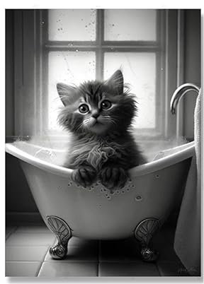 Baibexing Schwarze Und Weiße Katze Im Badezimmer Wandkunst, Lustiges Poster, Druck, Süßes Tier, Baden, Dumm, Leinwandbild, Zimmer, Wohnkultur 50X70Cm Kein Rahmen