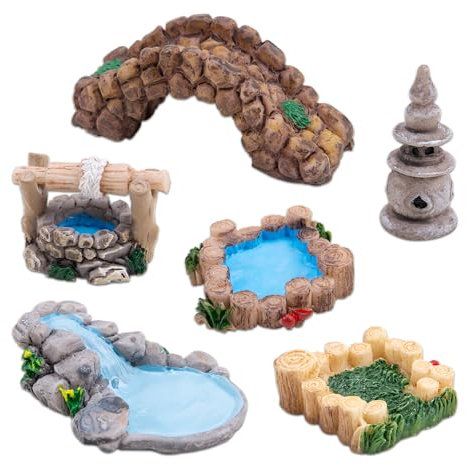 WSDMAVIS 6 mini piscine d'acqua vintage da giardino fatato con decorazione in miniatura di montagna piccole sculture di faro, pozzo d'acqua, ponte, statuette per giardini fatati, bonsai e paesaggi