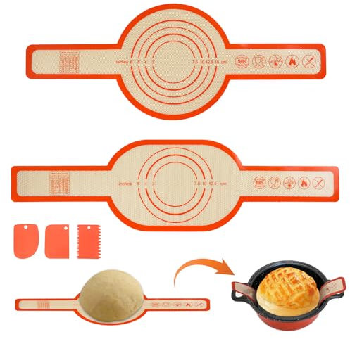 2 Pcs Silicone Bread Sling, Reusable Bread Baking Mat with Long Handle for Dutch Oven, Non Stick Heat Resistant Easy Clean Baking Sling with Plastic Scraper for Transferring Sourdough (Orange)