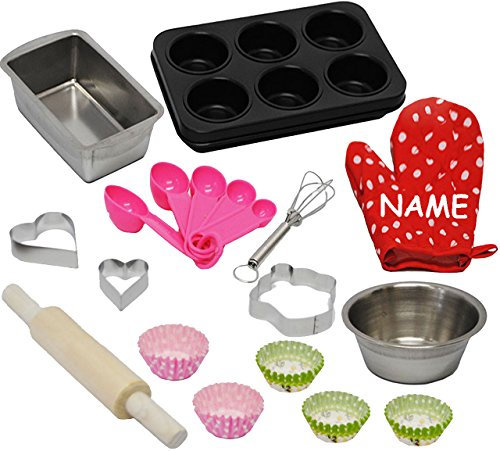 alles-meine.de GmbH 24 TLG. Backset aus Metall - Muffin Set - incl. Name - Edelstahl - lebensmittelecht - Küchenhelfer + Ausstechformen + Nudelholz + Topflappen + Schneebesen..