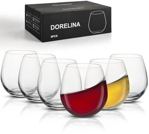 DORELINA Juego de 6 copas de vino sin tallo de 170.1 g - Elegantes y modernas copas de vino tinto y blanco para uso diario, aptas para lavavajillas, diseño ergonómico de cristal resistente a los