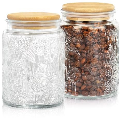 Skyspher 2 Pack Vintage Glass Canisters with Airtight Lids - Set of 2 Decorative Storage Jars for Tea, Coffee, Sugar, Nuts & Beans – Perfect for Kitchen Organization & Home Decor 700ml