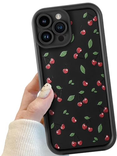 Black Cute Cherry Phone Case for iPhone 12 Pro Max, Cute Red Cherry Pattern Shockproof Bumper Phone Case for Women Girls, Soft TPU Slim Girly Cute Protective Cover for iPhone 12 Pro Max