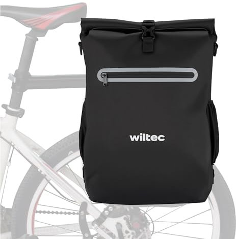 Wiltec Sacoche sac à dos étanche pour porte-bagages noire – capacité de 20 L – en 600D TPU – avec compartiment pour ordinateur portable – pour vélos et vélos électriques – Sac de bicyclette – Cyclisme