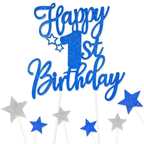 Royal Blue Happy 1st Birthday Cake Toppers for Cake,Personalised Cake Toppers for Boy Men Girl Women Decorations,Glitter Cupcake Topper Cake Topper Kit First Birthday Party Cake Decoration Supplies