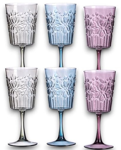 KORAT Set 6 Bicchieri Acqua e Calici Vino Colorati in Plastica Resistente Stile Vintage Bicchieri Decorati Rosa Blu Trasparente Eleganti per Tavola, Lavabili in Lavastoviglie (Calici Wieky)