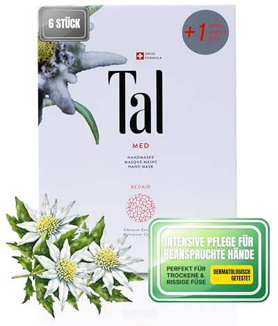 Tal® MED Repair - Juego de 6 máscaras de mano para manos muy secas, máscara hidratante profunda con extracto de Edelweiss, guantes para el cuidado de manos y compatible con pantalla táctil