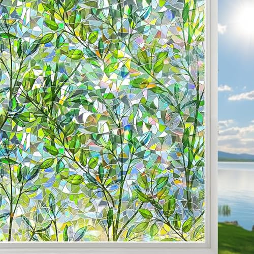Fensterfolie Grün Blätter 90x200cm Sichtschutzfolie Fenster, UV Schutz | Sonnenschutzfolie Fenster innen, Hitzeschutz, Regenbogeneffekt, statisch haftend mit Montagezubehör, 1-3-fach Verglasung, DIY
