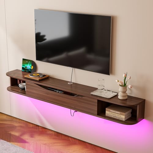 FloatiCasa Floating TV Unit for up to 55 inch TV,120cm Wall Mounted TV Stand with 1 Door & 2 Open Shelves,Plywood Media Console with Round Edges & Cable Management,Walnut
