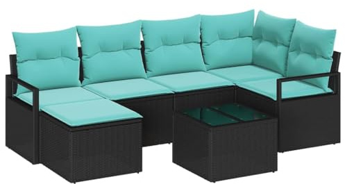 vidaXL Sofa Set mit Kissen 7 pcs Schwarz Poly Rattan, Garten & Terrasse, Modulares Outdoor-Sofa Set, Leicht, UV-beständig, Stilvolle Liege für Patio, Geflochtenes Design