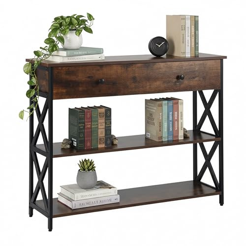 Relaxdays Console, Industriale, HLP: 80x100x30 cm, Metallo, MDF, consolle Slim con cassetto