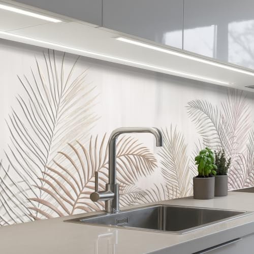 KitchenYeah© Rückwand Küche Rückwandschutz Selbstklebend Spritzschutz | 60x250 cm - Küchenrückwand Küchenfront Küchen Selbstklebende Küchenrückwände Blätter - Beige - Botanisch - Vintage