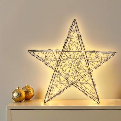 Draht Leuchtstern Champagner 30 cm mit Timer - 25 LED | Metall Stern Silhouette, warm weiß beleuchtet, batteriebetrieben, Weihnachten Advent Deko