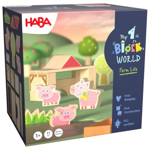 HABA My 1st Block World Bausteinwelt Ferkelstall Kalle ab 2 Jahren | Erstes Holzspielzeug für Kleinkinder aus Buchenholz & RE-Wood