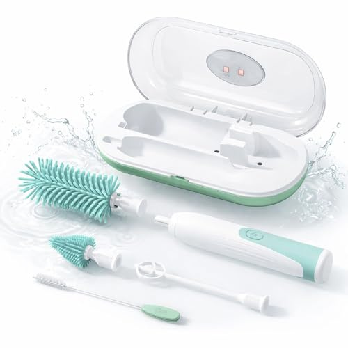 BEBEDUE | BabySwirl Set 4 en 1 | Batidora Eléctrica y Cepillos de Silicona para Limpieza de Biberones y Tetinas con Esterilizador UV | carga USB-C | Soporte para Secar y Caja de Almacenamiento