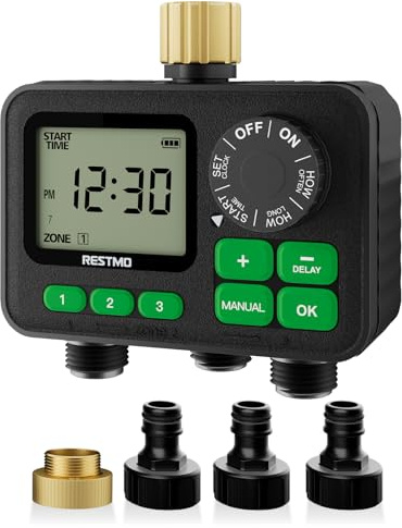 RESTMO Timer per Irrigazione a 3 Zona con Chip RF | Integrato per Accesso Remoto Opzionale, Automatico/Manuale/Ritardo Pioggia, Per Tubo da Giardino, Rubinetto Esterno
