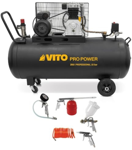 VITO - Luftkompressor, 200 l, 10 bar, 3 kW, 400 l/min + 5 pneumatische Werkzeuge, Komplett-Set, zum Aufpumpen, Blasen, Farbe, Garage, Werkstatt