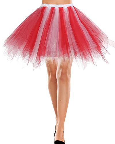 Bbonlinedress Tutu Rose Adult Jupe Tulle Femme Court Jupon de Déguisement Cosplay Ballet Costume Femme Dansique de Déguisement Carnaval Soirée Nouvel an Red-White S