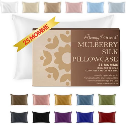 BEAUTY OF ORIENT,25 Momme Kissenbezug aus reiner Maulbeerseide für Haar und Haut, versteckter Reißverschluss – natürlich, kühlendes Kissen (Kingsize-Bett – 50.8x91.4 cm, natürlich ungefärbtes Weiß)