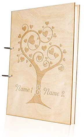 Hochzeits Gästebuch aus Holz: Herzbaum mit Namen - Personalisiertes Geschenk - 144 Seiten DIN A4 Seidenmattes Papier - Hochformat Holzcover - auch ideal als Fotoalbum nutzbar Farbe Birke