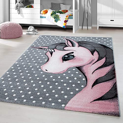 HomebyHome Kinderteppich Rosa 160 cm Rund Einhorn Design für Mädchen Kinderzimmer Kurzflor Extra Weich Antiallergen Babyzimmer