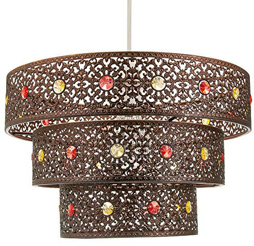 Antique Bronze Acrylic Gem Moroccan Style Triple Tier Ornate Pendant Light Shade Fitting with Red and Amber Beads | 60w Maximum | 30cm Width by Happy Homewares