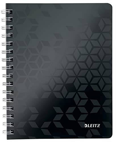 Leitz WOW Collegeblock A4 kariert, 160 Seiten, 80 Blatt FSC-zertifiziertes Papier 80 g/m², Doppelspiralbindung, PP-Einband, Notizbuch mit Sichthülle und Lineal, Für Büro oder Schule, Schwarz, 46380095