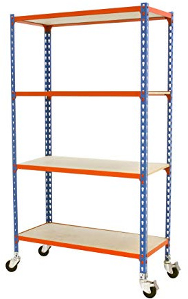 Simon Rack Metallregal mit Rollen 1575x900x400 mm - Maderclick | 4 Höhen, Holzablage, Biegepunkt 75 kg, Korrosionsschutzlackierung, Klicksystem-Montage, Blau/Orange