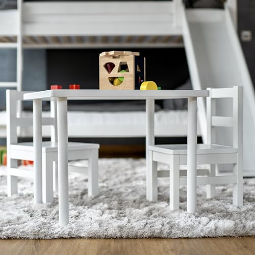 Staboos Sitzgarnitur Kinder aus massivem Buchenholz - 1 Tisch & 2 Stühle - Bio geölte Kindermöbel - Montierte Sitzmöbel - Sitzgruppe ohne scharfe Kanten - weiß lackiert