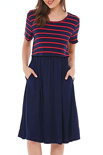 Smallshow Damen Lässiges Kurzarm Stillkleid Umstandskleid für Stillen Navy Wine Stripe-Navy Small