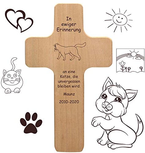 Katzenkreuz mit individueller Gravur - Name, Spruch, Motiv - Holzkreuz für Katze oder Kater als Katzenschild, Grabkreuz für verstorbene Samtpfoten, Gedenktafel, Trauergeschenk, Grabdeko