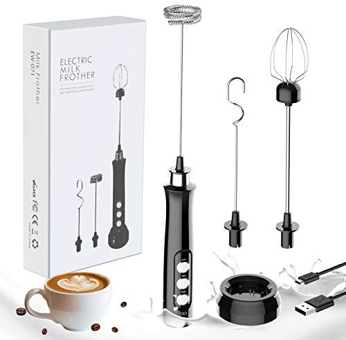 GeeRic Mousseur à Lait, Machine à Mousse électrique Portative, Mélangeur de Boisson 3 en 1, Station de Chargement USB avec 3 Fouets en Acier Inoxydable pour Café, Lait et Cuisine Noire