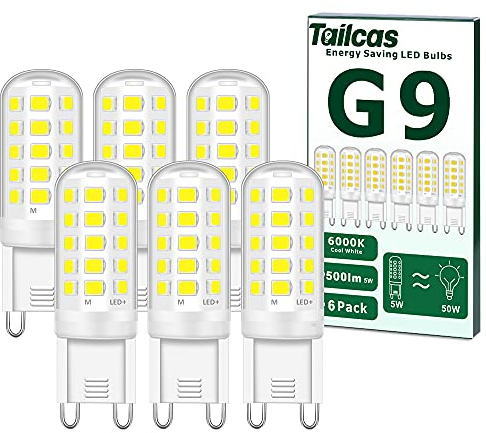 Tailcas Ampoules LED G9, 5W Equivalent 50W Halogène Lampe, Blanc Froid 6000K 500LM Non Dimmable Sans Scintillement AC 220-240V pour Ceiling Lighting, Chambre Salon Cuisine Jardin, Paquet de 6