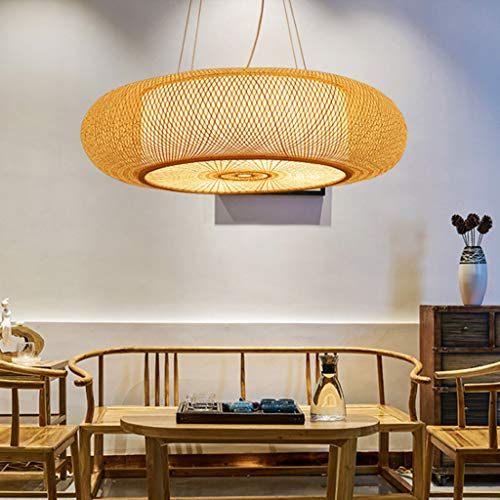 AHQX Lustres E27 Suspension Rétro Lampes Suspendues Bambou Naturel Pendentif Lumière Vintage Tressé Abat-Jour Rotin Hauteur Réglable Éclairage De Plafond Restaurant Salon De Thé Café Plafonnier,50cm
