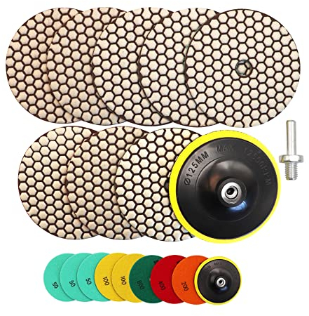 HIGHDRIL Trocken Diamant Polierscheibe - 8 Stk.(#50x3/100x2/200/400/800) Diamant Polier Auflagen mit Kunststoffunterlage+M14 Adapter für Granit Stein Marmor Bodenschleifer oder Polierer Dia 125MM