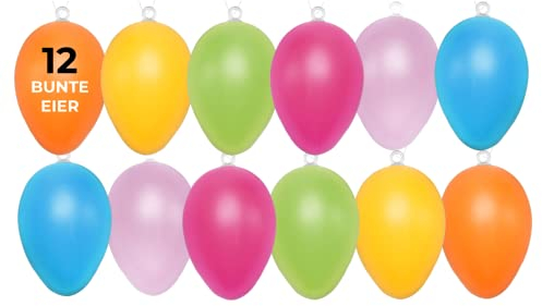 12x Ostereier Hänger-Set bunt | Bunte Plastik Eier 6,5 x 4,5cm in Premium Qualität | Plastikeier Ostereier aus Kunststoff – ideal zum Aufhängen & Dekorieren als Osterdekoration Deko an Ostern