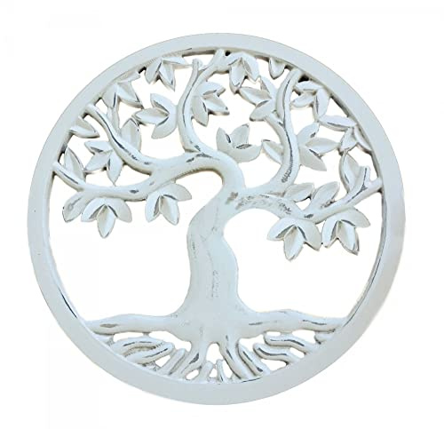 Decorazione da parete albero della vita in legno intagliato, bianco anticato, altezza 40 cm