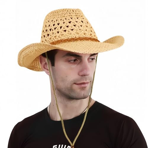 Men Straw Hats Straw Cowboy Hat Woven Lifeguard Beach Sun Straw Hat Summer Wide Brim Braid Straw Hat with Chin Strap Handmade Straw Hat Vented UV Protection Straw Hat Adjustable for Summer Outing