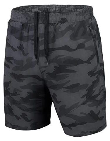 Herren Sport Shorts Kurze Hose Schnell Trocknend Sporthose Leicht mit Reißverschlusstasche(Camo Grau,EU-L/US-M)