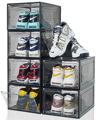 ZLLZUU Shoe Organizer Shoe Storage Boxes, 6 Pack Large Drop Front Shoe Boxes with Magnetic Door, Clear Plastic Stackable Shoe Containers (Black)