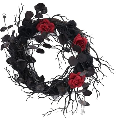 Couronne de Porte Suspendue Halloween Noire, Couronne de Rotin Halloween Décoration Fête Noir et Rose Rouge en Plastique pour Fête d'halloween Gothique Maison Décoration Extérieure Intérieure