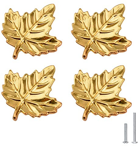 MOROBOR Zinc Alloy Maple Leaf Gold Knobs 4Pcs Drawer Knob Pull Handle with Screws Hardware Accessories Home Furniture Decorative Kitchen Cabinet Wardrobe Closet Dresser Cupboard